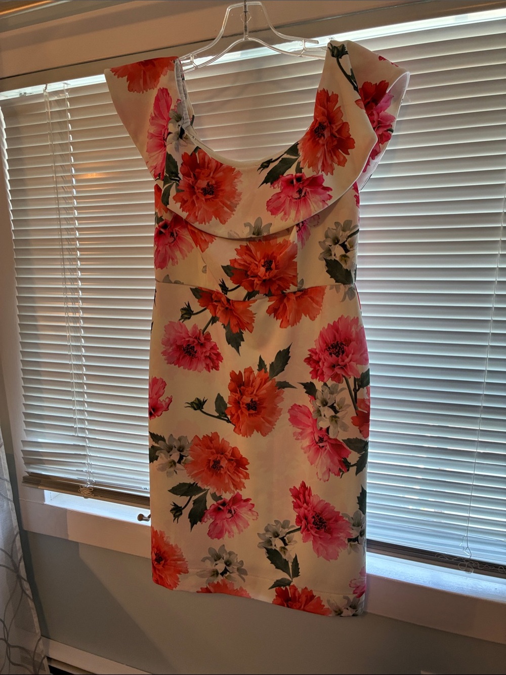 Calvin Klein White Off-Shoulder Floral Sheath Dress with Pink & Orange Blooms